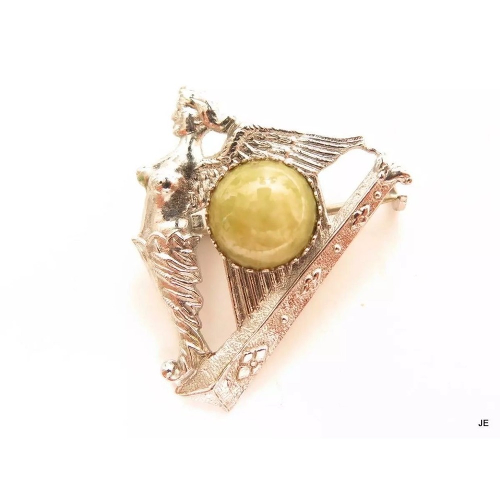 Vintage Art Deco Silver Plated Jeweled Green‎ Cabochon Harp Angel Pin